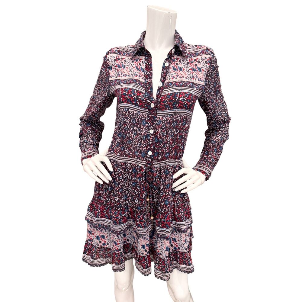 Alicia Bell Mini Dress Small Boho Print Long Sleeve Tiered Drawstring Tassel